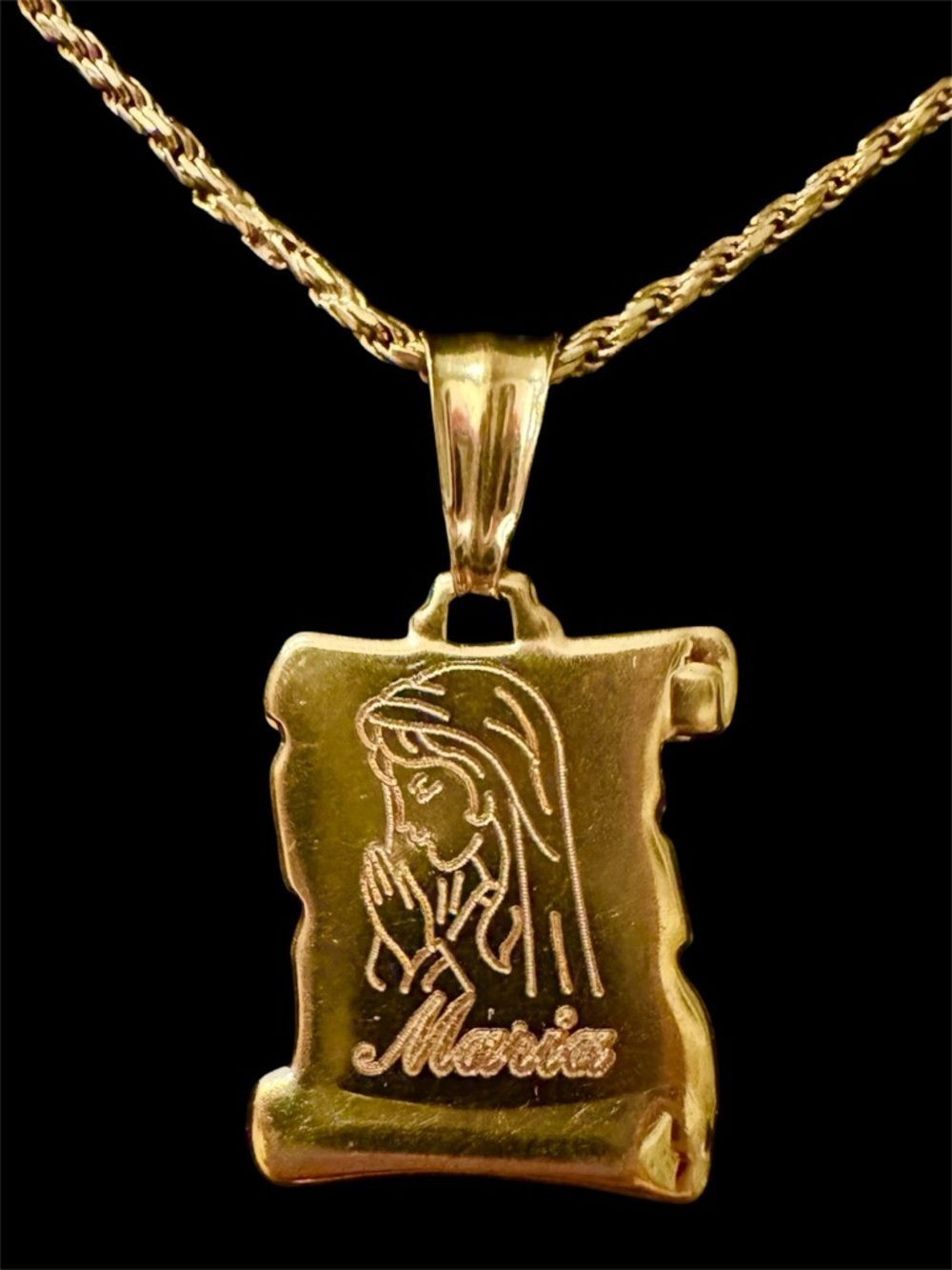 18K Gold Italy Virgin Maria Scroll Pendant Necklace - Women Jewelry